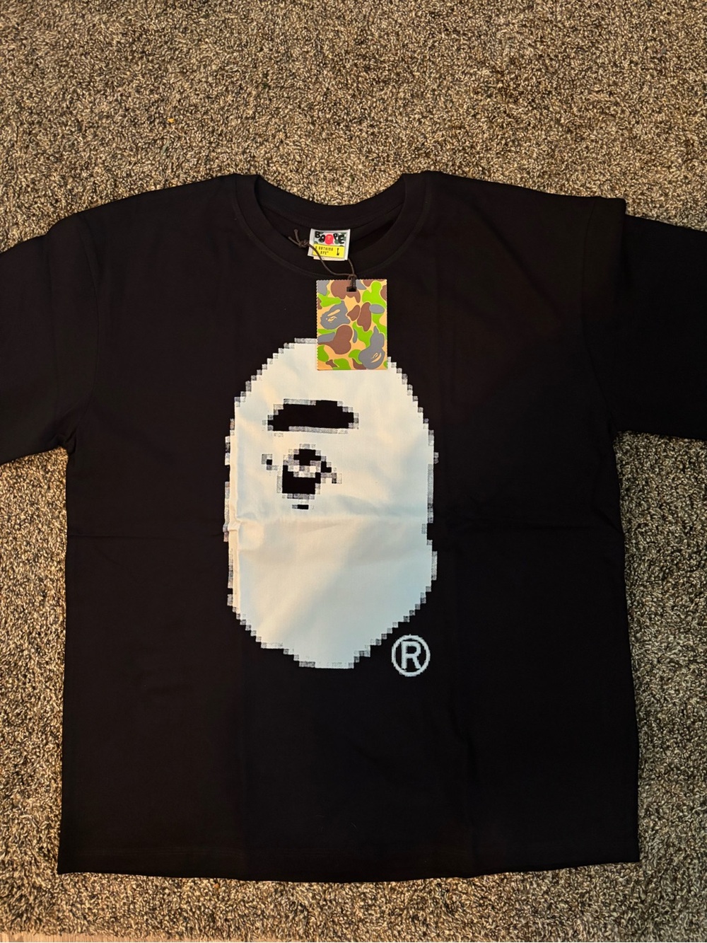 Bape Black Tee with White Pixel Ape Head Graphic